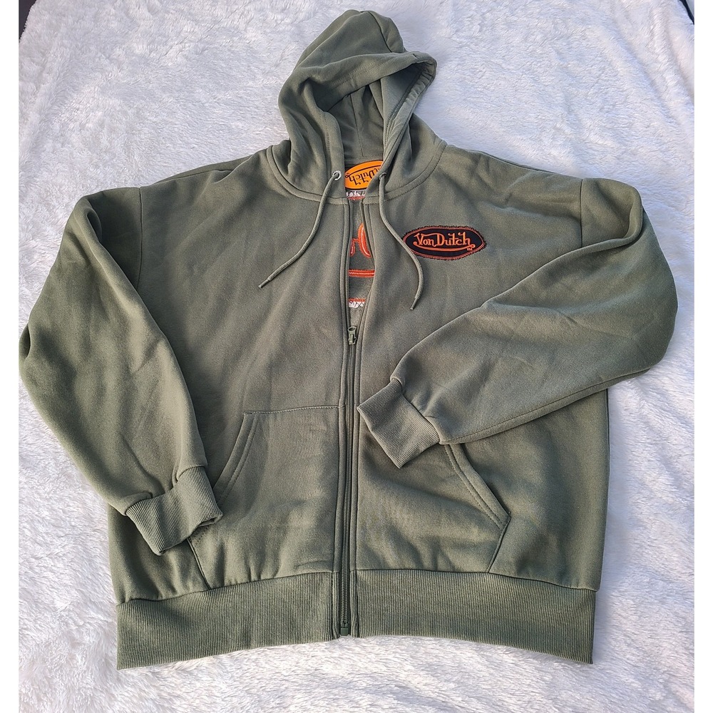 Von Dutch Mens Full Zip Hoodie Olive Green Y2K Logo Patch Sweatshirt Size M NEW